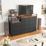 Dresser, Dresser for Bedroom with 11 Drawers, Dresser TV Stand with Shelves, Long Dressers & Chests of Drawers, Wide Dresser for Bedroom Dresser with Sturdy Metal Frame & Wood Top, Black