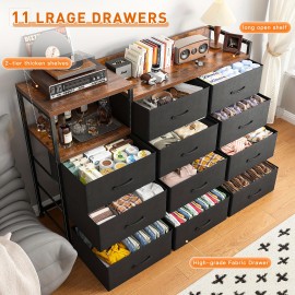 Dresser, Dresser for Bedroom with 11 Drawers, Dresser TV Stand with Shelves, Long Dressers & Chests of Drawers, Wide Dresser for Bedroom Dresser with Sturdy Metal Frame & Wood Top, Black