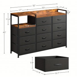 Dresser, Dresser for Bedroom with 11 Drawers, Dresser TV Stand with Shelves, Long Dressers & Chests of Drawers, Wide Dresser for Bedroom Dresser with Sturdy Metal Frame & Wood Top, Black