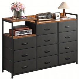 Dresser, Dresser for Bedroom with 11 Drawers, Dresser TV Stand with Shelves, Long Dressers & Chests of Drawers, Wide Dresser for Bedroom Dresser with Sturdy Metal Frame & Wood Top, Black