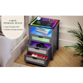 1pc Rattan Bedside Table With USB And Type C Ports, Bedside Table With Human Sensor Design, Bedside Table With RGB 20 Color LED Lights, Glass Top Table With 3 Drawers, For Bedroom/Living Room/Office