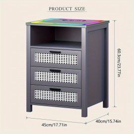 1pc Rattan Bedside Table With USB And Type C Ports, Bedside Table With Human Sensor Design, Bedside Table With RGB 20 Color LED Lights, Glass Top Table With 3 Drawers, For Bedroom/Living Room/Office