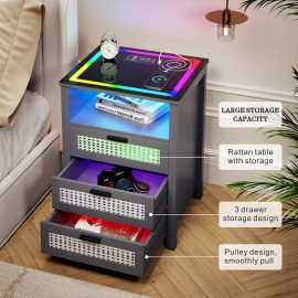 1pc Rattan Bedside Table With USB And Type C Ports, Bedside Table With Human Sensor Design, Bedside Table With RGB 20 Color LED Lights, Glass Top Table With 3 Drawers, For Bedroom/Living Room/Office