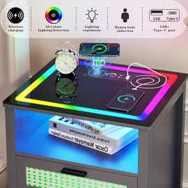 1pc Rattan Bedside Table With USB And Type C Ports, Bedside Table With Human Sensor Design, Bedside Table With RGB 20 Color LED Lights, Glass Top Table With 3 Drawers, For Bedroom/Living Room/Office