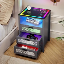 1pc Rattan Bedside Table With USB And Type C Ports, Bedside Table With Human Sensor Design, Bedside Table With RGB 20 Color LED Lights, Glass Top Table With 3 Drawers, For Bedroom/Living Room/Office