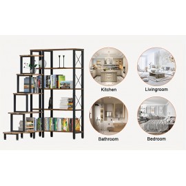 Large Corner Bookshelf Bookcase, Industrial Reversible 5 Tier Ladder Shelves Storage Display Rack with Metal Frame, Modern Home Office Furniture for Living Room Bedroom, Halloween gift, Christmas gift