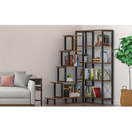 Large Corner Bookshelf Bookcase, Industrial Reversible 5 Tier Ladder Shelves Storage Display Rack with Metal Frame, Modern Home Office Furniture for Living Room Bedroom, Halloween gift, Christmas gift