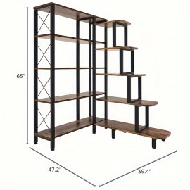 Large Corner Bookshelf Bookcase, Industrial Reversible 5 Tier Ladder Shelves Storage Display Rack with Metal Frame, Modern Home Office Furniture for Living Room Bedroom, Halloween gift, Christmas gift