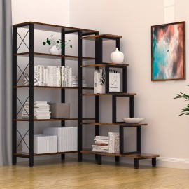 Large Corner Bookshelf Bookcase, Industrial Reversible 5 Tier Ladder Shelves Storage Display Rack with Metal Frame, Modern Home Office Furniture for Living Room Bedroom, Halloween gift, Christmas gift