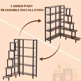 Large Corner Bookshelf Bookcase, Industrial Reversible 5 Tier Ladder Shelves Storage Display Rack with Metal Frame, Modern Home Office Furniture for Living Room Bedroom, Halloween gift, Christmas gift