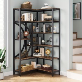 1pc Wooden Bookshelf, Industrial Corner Bookcase, L Shaped Corner Bookcase, 6 Tiers Storage Rack, For Living Room Bedroom Office, Modern Bookcase, Small Space Bookshelf, Multifunctional Bookshelf, Brown