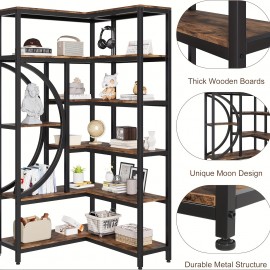 1pc Wooden Bookshelf, Industrial Corner Bookcase, L Shaped Corner Bookcase, 6 Tiers Storage Rack, For Living Room Bedroom Office, Modern Bookcase, Small Space Bookshelf, Multifunctional Bookshelf, Brown