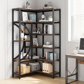 1pc Wooden Bookshelf, Industrial Corner Bookcase, L Shaped Corner Bookcase, 6 Tiers Storage Rack, For Living Room Bedroom Office, Modern Bookcase, Small Space Bookshelf, Multifunctional Bookshelf, Brown