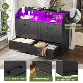 Black 6 Drawers Dresser with LED Lights and Charging Station for Bedroom Living Room, Chest of 6 Drawers with Open Space, Large Capacity Storage Cabinet