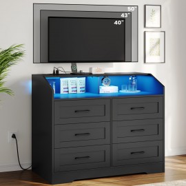 Black 6 Drawers Dresser with LED Lights and Charging Station for Bedroom Living Room, Chest of 6 Drawers with Open Space, Large Capacity Storage Cabinet