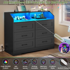 Black 6 Drawers Dresser with LED Lights and Charging Station for Bedroom Living Room, Chest of 6 Drawers with Open Space, Large Capacity Storage Cabinet