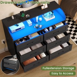 Black 6 Drawers Dresser with LED Lights and Charging Station for Bedroom Living Room, Chest of 6 Drawers with Open Space, Large Capacity Storage Cabinet