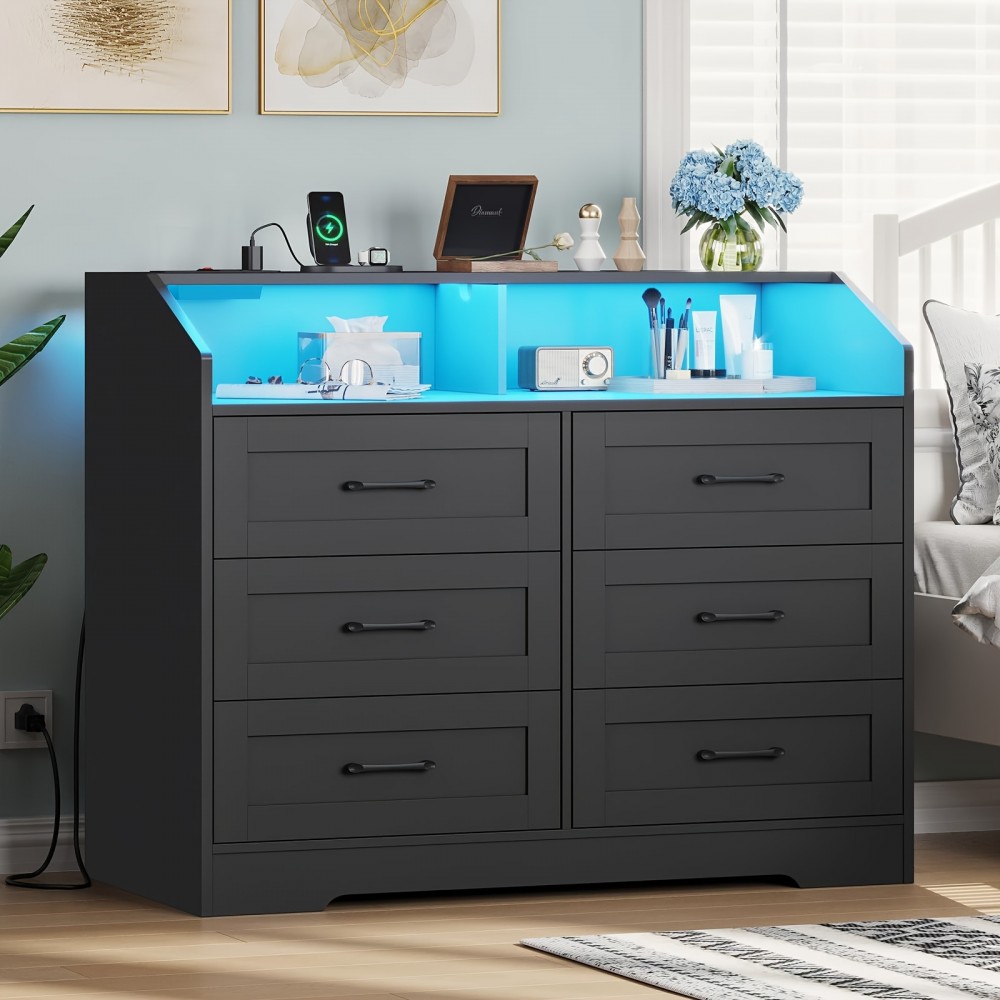 Black 6 Drawers Dresser with LED Lights and Charging Station for Bedroom Living Room, Chest of 6 Drawers with Open Space, Large Capacity Storage Cabinet