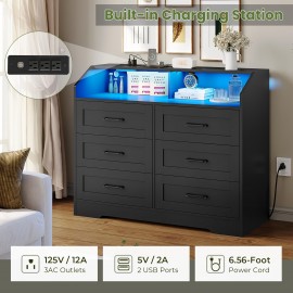 Black 6 Drawers Dresser with LED Lights and Charging Station for Bedroom Living Room, Chest of 6 Drawers with Open Space, Large Capacity Storage Cabinet