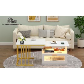 HWB LED Coffee Tables With Charging Station: Modern Coffee Table With Storage & Auto Sensor 3 Colors Lights For Living Room - Square Center Table Low Coffee Bar Table White