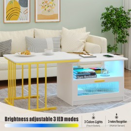 HWB LED Coffee Tables With Charging Station: Modern Coffee Table With Storage & Auto Sensor 3 Colors Lights For Living Room - Square Center Table Low Coffee Bar Table White