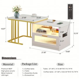 HWB LED Coffee Tables With Charging Station: Modern Coffee Table With Storage & Auto Sensor 3 Colors Lights For Living Room - Square Center Table Low Coffee Bar Table White