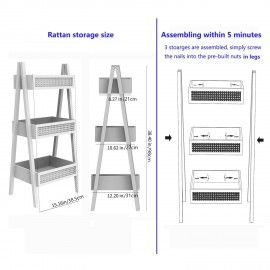 Ladder Bookshelf, 3-Tier Rattan Bookshelf, Free Standing Bookcase, Blanket Ladder, Wood Organizer Storage Shelves for Living Room Bedroom Kitchen Bathroom Balcony and Home Office