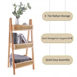 Ladder Bookshelf, 3-Tier Rattan Bookshelf, Free Standing Bookcase, Blanket Ladder, Wood Organizer Storage Shelves for Living Room Bedroom Kitchen Bathroom Balcony and Home Office