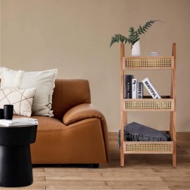 Ladder Bookshelf, 3-Tier Rattan Bookshelf, Free Standing Bookcase, Blanket Ladder, Wood Organizer Storage Shelves for Living Room Bedroom Kitchen Bathroom Balcony and Home Office