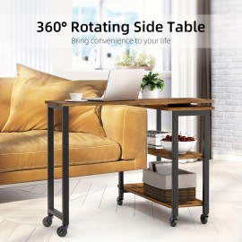 360 Rotatable Sofa Side Table With 2-Tier Storage Shelves, Movable Laptop Table With Sturdy Metal Frame, Couch Snack Table For Home, Rustic Brown