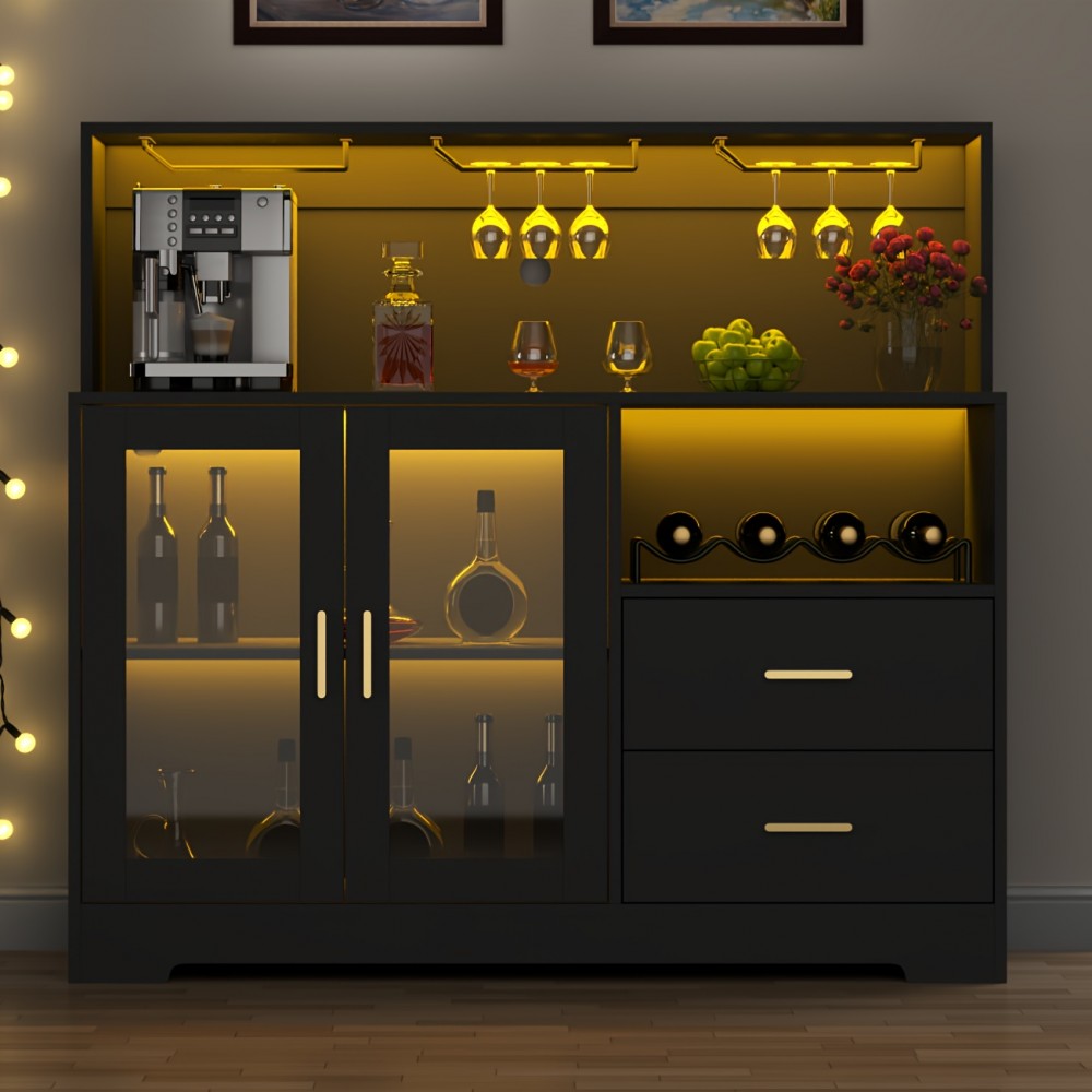 Wine Bar Cabinet with Wine Rack and Glass Holders, Home Coffee Cabinet with 2 Large Storage Drawers, Kitchen Buffet Sideboard with Storage Cabinet, Modern Liquor Cabinet for Living Room Dining Room