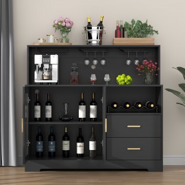 Wine Bar Cabinet with Wine Rack and Glass Holders, Home Coffee Cabinet with 2 Large Storage Drawers, Kitchen Buffet Sideboard with Storage Cabinet, Modern Liquor Cabinet for Living Room Dining Room