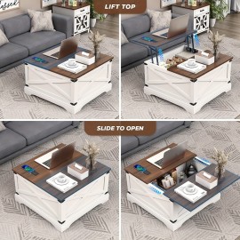 Farmhouse Square Coffee Table, Lift Top Coffee Table with Wireless Charging Station, Coffee Table with Large Hidden Storage Shelf for Living Room, 31.5 inch (80cm) D x 31.5  inch (80cm) W x 18 inch (45.7cm) H