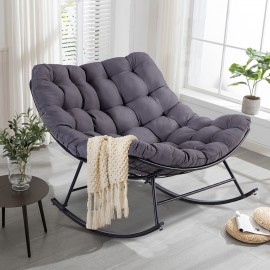 Patio Rocking Papasan Chair, Outdoor & Indoor Egg Reading Recliner Chair, Oversized Royal Comfy Lounge Rocker With Large Cushion And Ottoman For Bedroom, Living Room, Porch, White And Gray