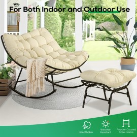 Patio Rocking Papasan Chair, Outdoor & Indoor Egg Reading Recliner Chair, Oversized Royal Comfy Lounge Rocker With Large Cushion And Ottoman For Bedroom, Living Room, Porch, White And Gray