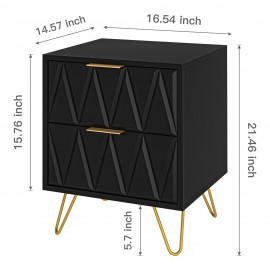 Black Nightstand Set of 2, Modern End Side Table Bedside Table with 2 Drawers, Night Stand with Gold Legs for Living Room,Bedroom