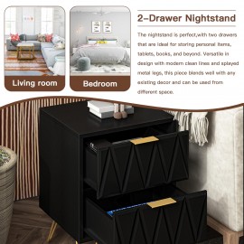 Black Nightstand Set of 2, Modern End Side Table Bedside Table with 2 Drawers, Night Stand with Gold Legs for Living Room,Bedroom