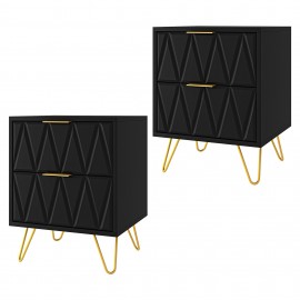 Black Nightstand Set of 2, Modern End Side Table Bedside Table with 2 Drawers, Night Stand with Gold Legs for Living Room,Bedroom