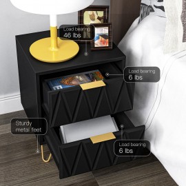 Black Nightstand Set of 2, Modern End Side Table Bedside Table with 2 Drawers, Night Stand with Gold Legs for Living Room,Bedroom