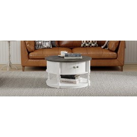 Round Coffee Table With Storage, Farmhouse Coffee Table With Sliding Cabinet Door, Coffee Table For Living Room, 2-Tier Small Center Table