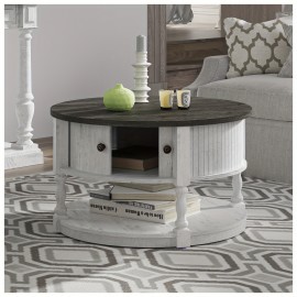 Round Coffee Table With Storage, Farmhouse Coffee Table With Sliding Cabinet Door, Coffee Table For Living Room, 2-Tier Small Center Table