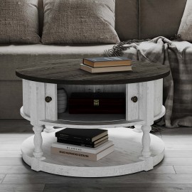 Round Coffee Table With Storage, Farmhouse Coffee Table With Sliding Cabinet Door, Coffee Table For Living Room, 2-Tier Small Center Table