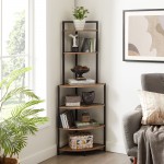 6-Tier Corner Open Shelf Modern Bookcase Wood Rack Freestanding Shelving Unit Plant Album Trinket Sturdy Stand Small Bookshelf Space-Saving for Living Room Home Office Kitchen Small Space Rustic Brown