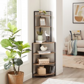 6-Tier Corner Open Shelf Modern Bookcase Wood Rack Freestanding Shelving Unit Plant Album Trinket Sturdy Stand Small Bookshelf Space-Saving for Living Room Home Office Kitchen Small Space Rustic Brown