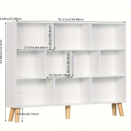 10 Cube Bookshelf, 3 Tier Modern Wide Bookcase With Legs, Mid-Century Wood Bookshelves Storage, White Large Book Case, Freestanding Organizer Display Shelf For Bedroom, Living Room, Office