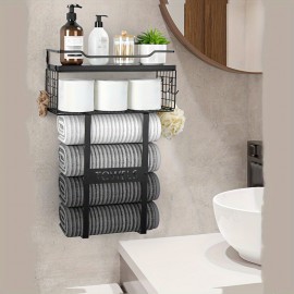 1pc Wall Mounted Bathroom Towel Storage Rack, Bathroom Decoration, Bathroom Shelf, Bathroom Accessories