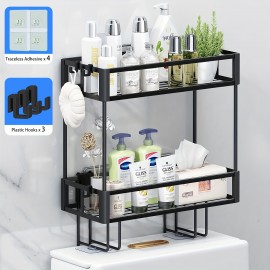 Bathroom Organizers And Storage, 2-Tier Over Toilet Storage, Bathroom Storage With 2 Hooks & Toilet Paper Holder, Wall Mounted Floating Shelves Furniture, Gifts For Women, Mothers Day (Black)