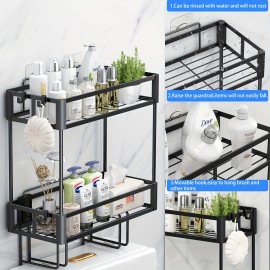 Bathroom Organizers And Storage, 2-Tier Over Toilet Storage, Bathroom Storage With 2 Hooks & Toilet Paper Holder, Wall Mounted Floating Shelves Furniture, Gifts For Women, Mothers Day (Black)