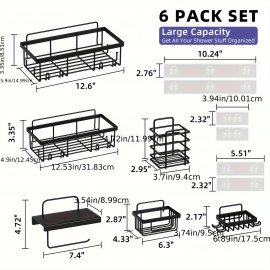 Shower Caddy 6 Pack, Toilet Paper Holder, Soap Holder, Toothbrush Holder, No Drilling, 13 in Large Capacity, Adhesive Shower Organizer for Bathroom Storage&Kitchen (Black)