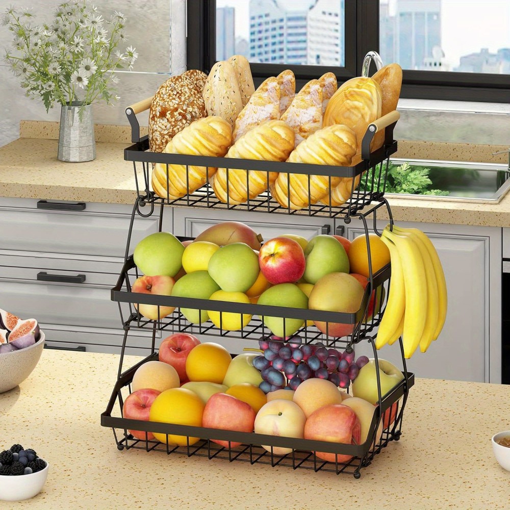 3 Tier Fruit Basket Bowl Farmhouse with Side hooks for Kitchen Countertop, Detachable Metal Bread Fruit Vegetable Storage Basket Stand Holder with Wooden Handle, Black